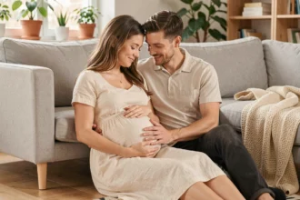 Couple attendant un bébé, le partenaire pose les mains tendrement sur le ventre de la femme enceinte dans un salon cosy