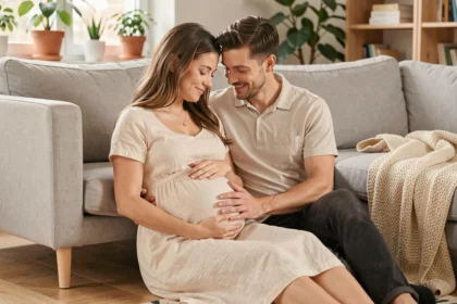 Couple attendant un bébé, le partenaire pose les mains tendrement sur le ventre de la femme enceinte dans un salon cosy