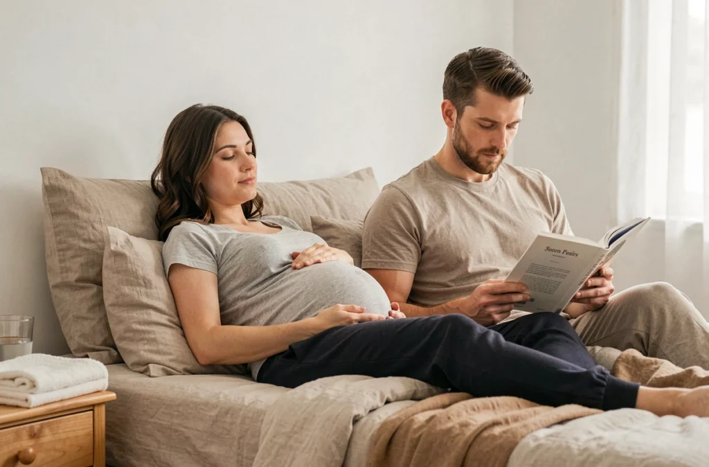 Partenaire lisant un livre de parentalité à sa compagne enceinte allongée dans une chambre apaisante