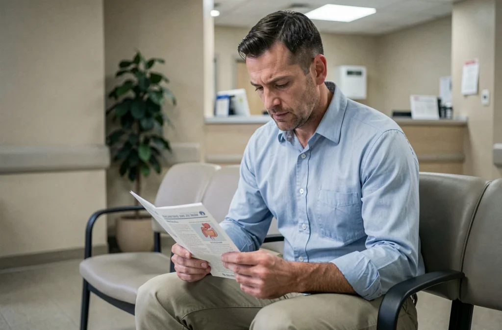 Patient atteint de la maladie de Crohn en salle d'attente lors d'une consultation médicale