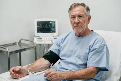 Patient diabétique de type 2 en consultation cardiologique avec tensiomètre et moniteur de glycémie