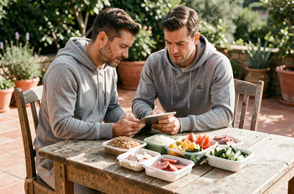 Homme sportif planifiant son alimentation avec des repas préparés et un plan nutritionnel sur une terrasse extérieure