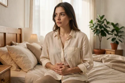 Jeune femme assise sur le bord d'un lit, les mains posées sur le ventre, exprimant une prise de conscience émotionnelle liée aux premiers signes de la grossesse