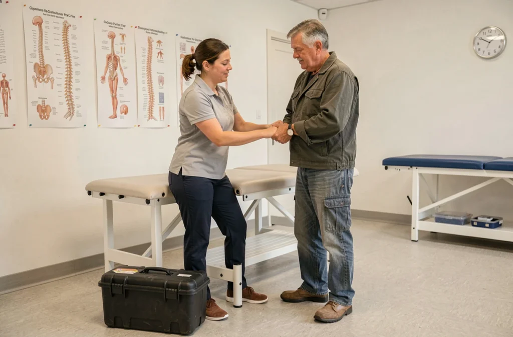 Physiothérapeute expliquant les techniques de manutention sécurisée à un travailleur dans un cabinet de kinésithérapie