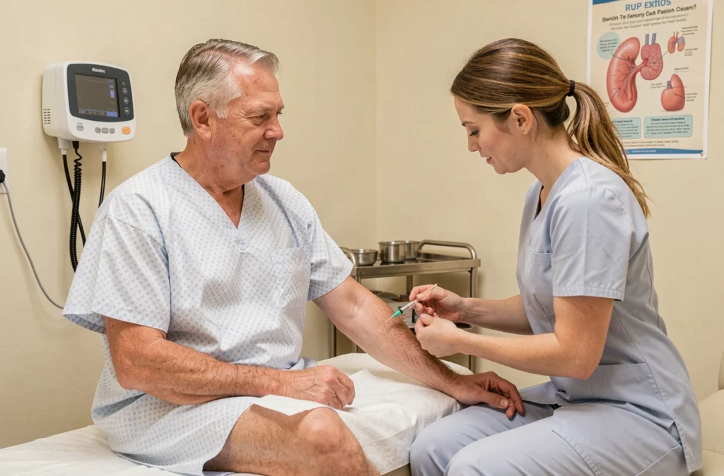 Infirmière effectuant une prise de sang pour bilan rénal sur un patient adulte dans un cabinet médical