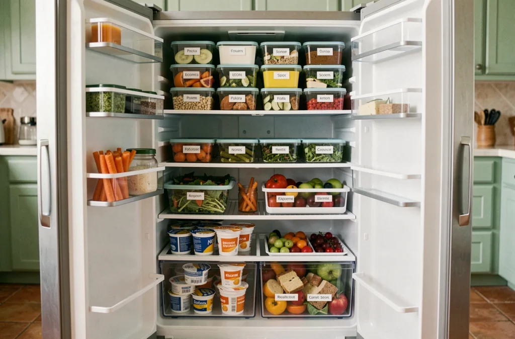 Réfrigérateur bien organisé avec des repas et collations préparés à l'avance dans des contenants en verre étiquetés pour réduire les grignotages