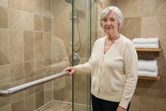 Femme senior tenant une barre d'appui dans une salle de bain adaptée pour le maintien à domicile