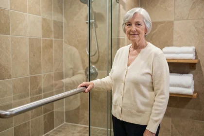 Femme senior tenant une barre d'appui dans une salle de bain adaptée pour le maintien à domicile