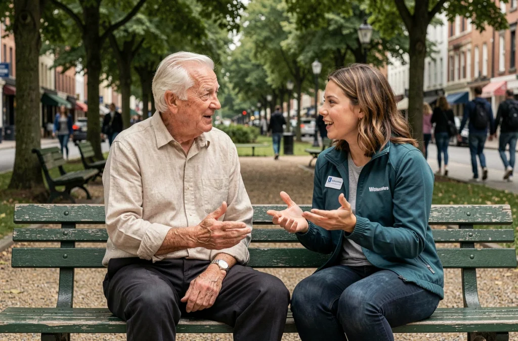 Un homme âgé discutant avec une bénévole dans un parc urbain, représentant les actions de lien social pour lutter contre l'isolement des seniors