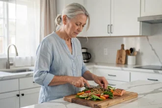 Senior femme préparant une salade équilibrée avec légumes frais et saumon dans une cuisine moderne