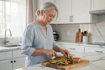 Senior femme préparant une salade équilibrée avec légumes frais et saumon dans une cuisine moderne