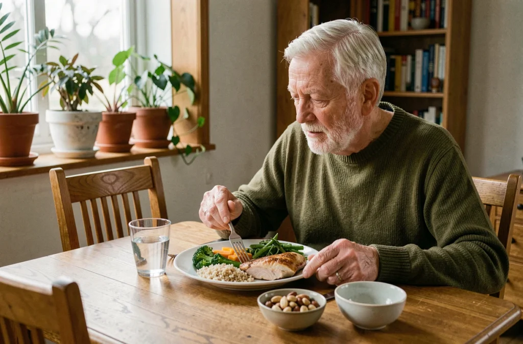 Homme senior dégustant un repas équilibré avec légumes, céréales complètes et volaille à table