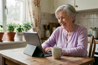 Une femme senior souriante en visioconférence avec sa famille depuis sa cuisine, illustrant les solutions numériques contre l'isolement des personnes âgées