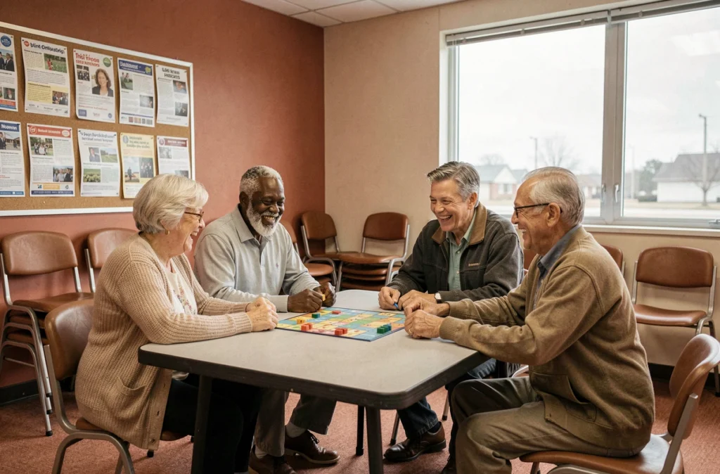 Groupe de seniors jouant à un jeu de société dans une salle communautaire, illustrant les activités collectives comme solution à l'isolement des personnes âgées
