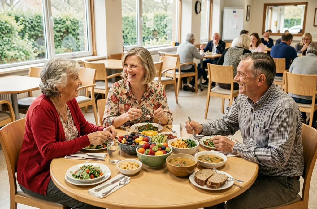 Groupe de seniors partageant un repas nutritif ensemble dans un espace communautaire convivial