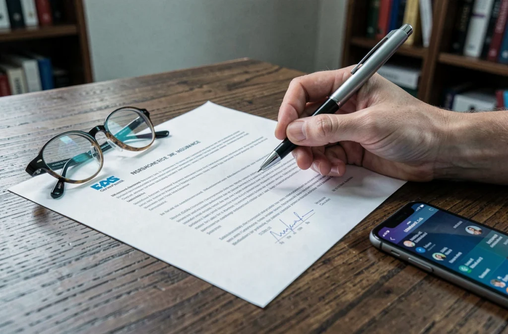 Gros plan d'une main tenant un stylo au-dessus d'un contrat d'assurance emprunteur posé sur un bureau en bois