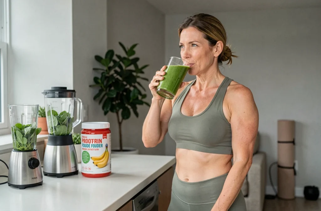 Femme active buvant un smoothie vert protéiné après l'entraînement dans un appartement moderne avec tapis de yoga