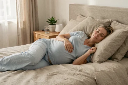 Femme enceinte dormant sur le côté avec un coussin de maternité dans une chambre apaisante, illustrant les conseils de sommeil pendant la grossesse