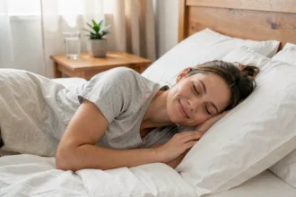 Femme endormie paisiblement dans un lit blanc, illustrant l'importance du sommeil réparateur pour la gestion du poids
