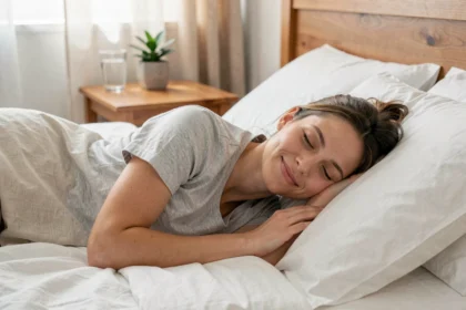 Femme endormie paisiblement dans un lit blanc, illustrant l'importance du sommeil réparateur pour la gestion du poids
