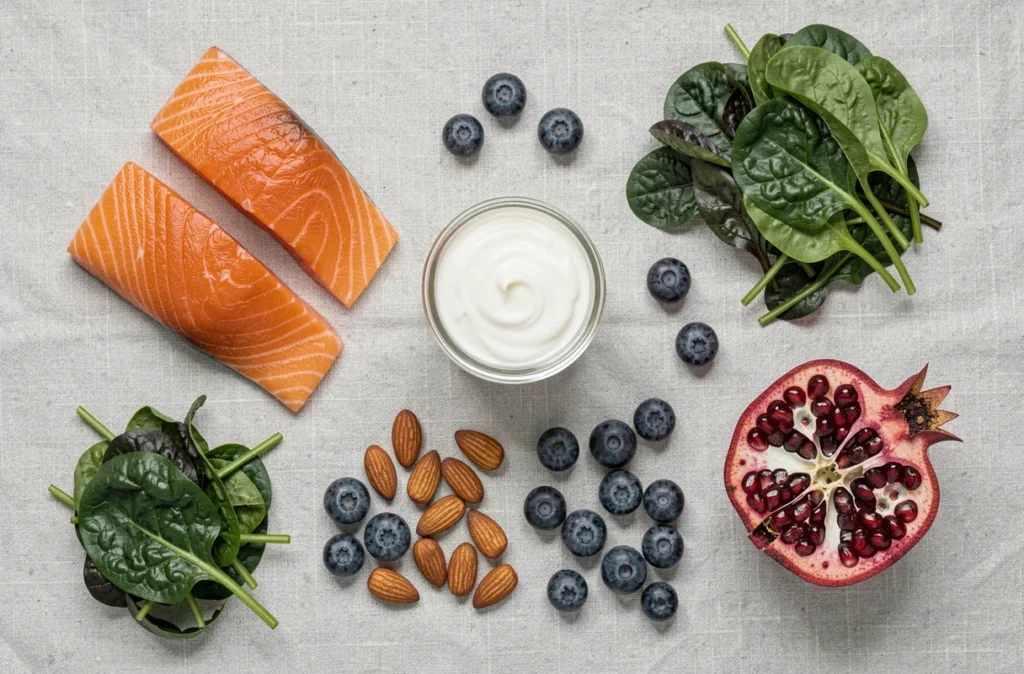 Vue aérienne d'aliments riches en nutriments essentiels recommandés pendant la grossesse