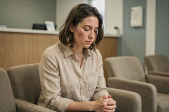 Femme aux joues rougeâtres présentant un érythème en papillon typique du lupus érythémateux, assise dans une salle d'attente médicale