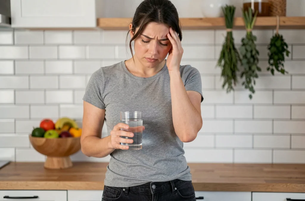Femme fatiguée dans une cuisine moderne tenant un verre d'eau, illustrant les symptômes précoces de la grossesse comme la fatigue et les nausées matinales