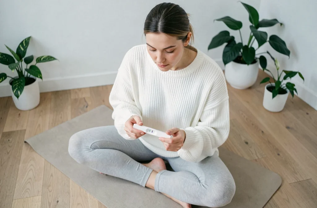 Jeune femme assise sur un tapis de yoga tenant un test de grossesse, moment intime et émotionnel illustrant la découverte des premiers signes de grossesse à domicile