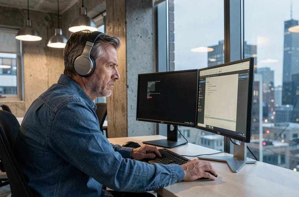 Travailleur urbain portant un casque anti-bruit dans un espace de coworking, regard fatigué face à la ville