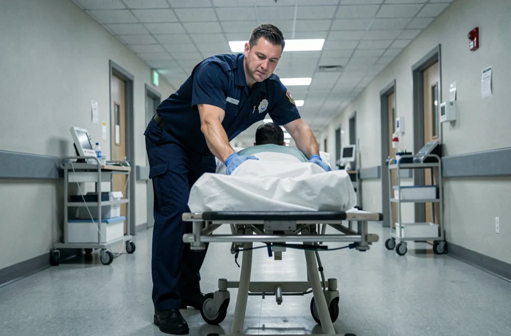 Équipe médicale d'urgence transportant un patient en civière dans un couloir d'hôpital lors d'une urgence abdominale