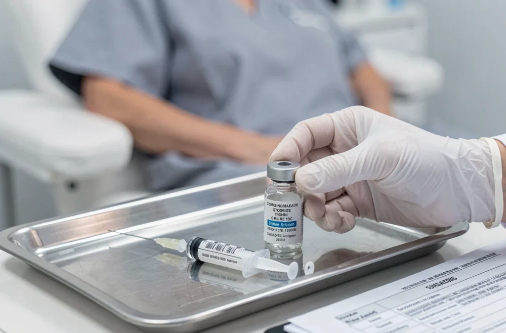 Gros plan d'un flacon de vaccin et d'une seringue préparée dans un cabinet médical, avec un patient senior en arrière-plan.