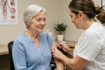 Une femme de plus de 65 ans recevant un vaccin dans un cabinet médical moderne, illustrant les vaccinations recommandées pour les seniors.