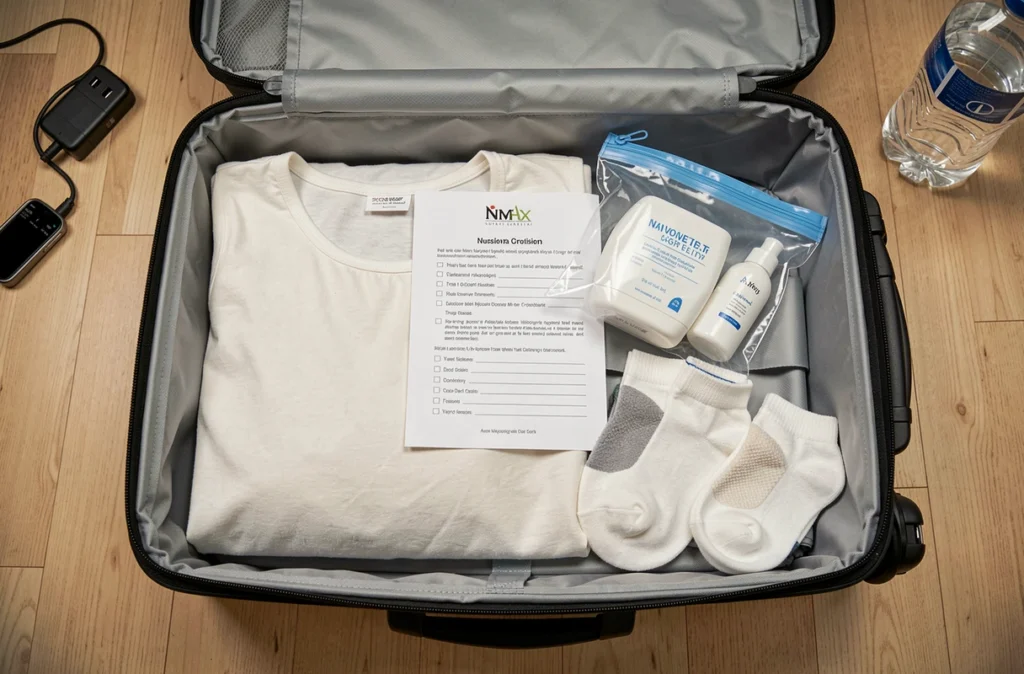 Vue de dessus d'une valise de maternité organisée avec les essentiels pour la naissance