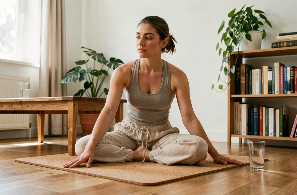 Jeune femme vivant avec la maladie de Crohn pratiquant le yoga doux à domicile
