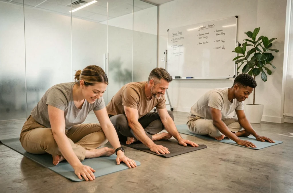 Séance de yoga en entreprise pour améliorer le bien-être des employés et augmenter la productivité au bureau