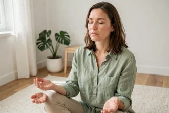 Femme pratiquant la cohérence cardiaque en position assise sur un plancher en bois dans un salon minimaliste scandinave