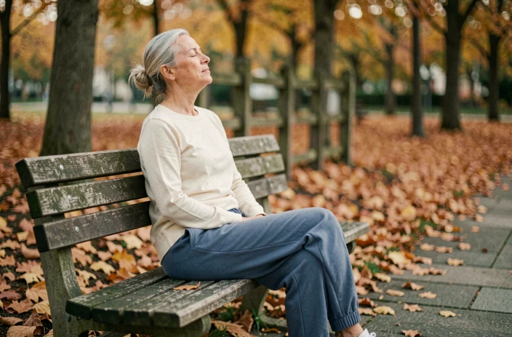 Femme âgée pratiquant la cohérence cardiaque sur un banc dans un parc en automne pour réduire le stress