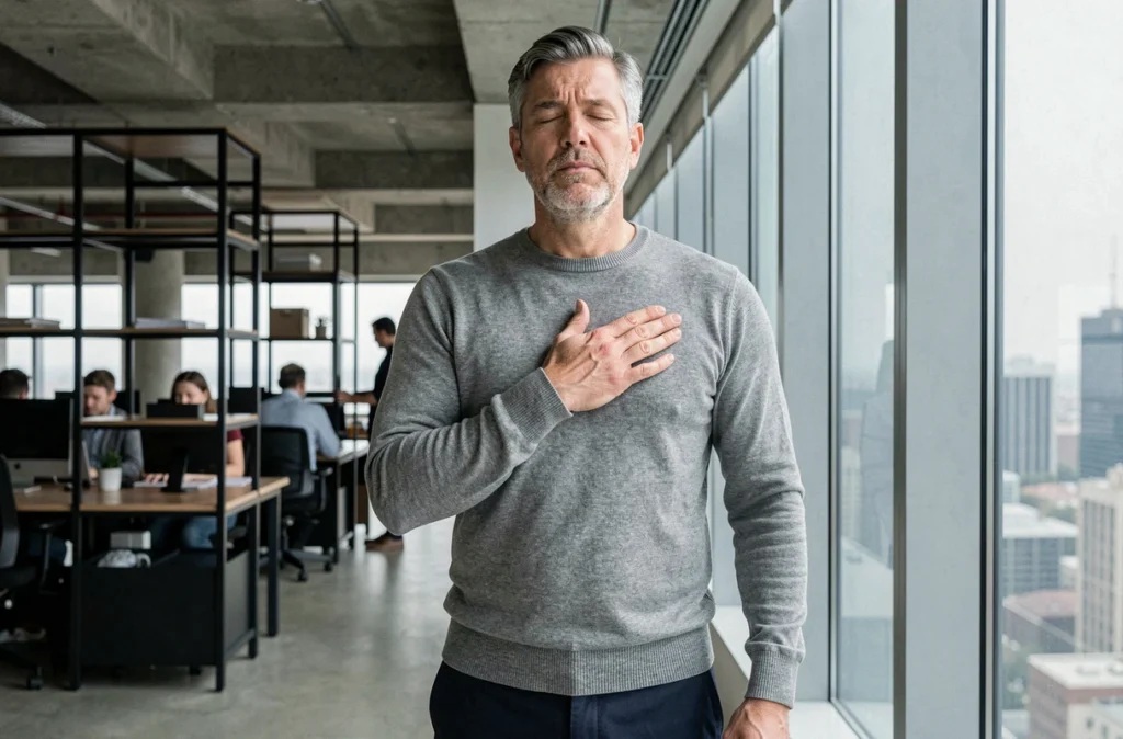 Homme pratiquant la cohérence cardiaque près d'une fenêtre de bureau en ville pour gérer son stress professionnel