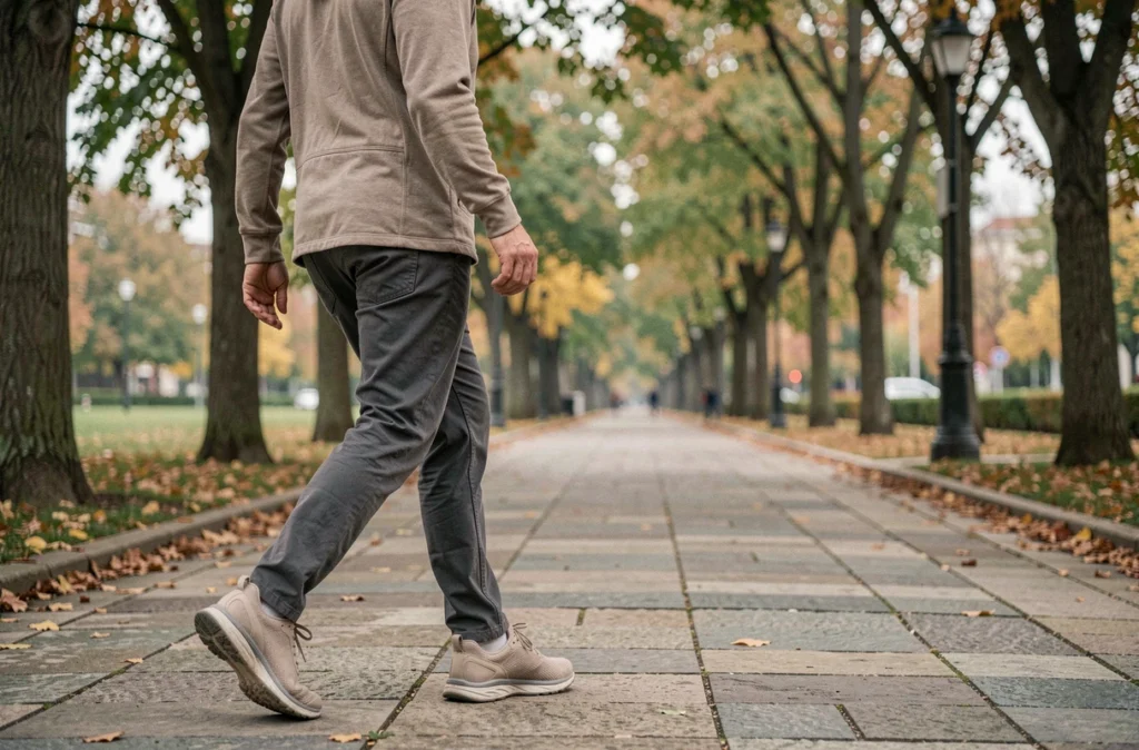 Homme marchant sereinement dans un parc urbain grâce à des semelles orthopédiques pour pied plat, soulagement des douleurs de dos