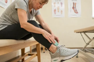 Femme tenant une semelle orthopédique pour pied plat dans une clinique de physiothérapie, illustrant le soulagement des douleurs de dos