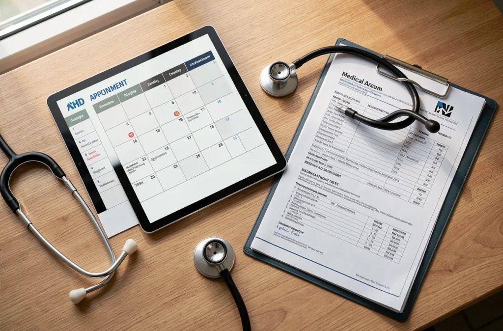 Tablette affichant un agenda de rendez-vous médicaux sur un bureau